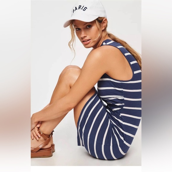 Anthropologie T.La Blue Stripe Midriff Cutout Sleeveless Shirt High Neck Mini - Picture 12 of 12